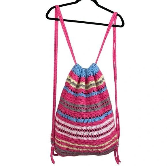 Handmade Boho Unique Crochet Colorful Striped Cinch Sak Backpack Handbag - Picture 2 of 8